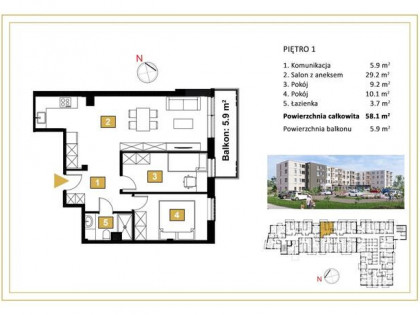 3 pokojowe mieszkanie z balkonem 5,9m2