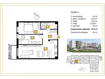 3 pokojowe mieszkanie z balkonem 3,8m2