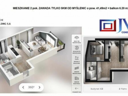 Bezpośrednio 2 pok. 41.49M2 + balkon 6.20m2 NA WZGÓRZACH ZA