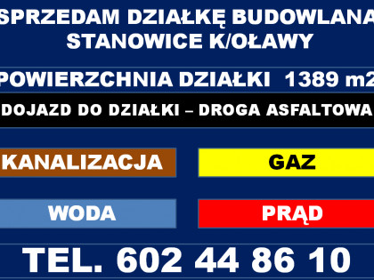 Sprzedam działkę budowlaną w Stanowicach k/Oławy