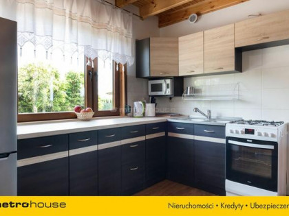 Dwa domki rekreacyjne na działce z linią brzegową.