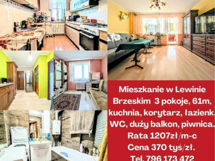 Mieszkanie 3 pokoje, 61m, kuchnia, łazienka, WC, duży balkon
