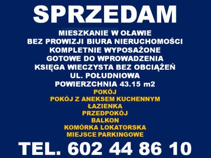 Sprzedam mieszkanie 2 pokojowe z balkonem w Oławie ul. Południowa