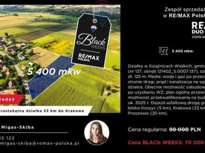 Płaska, prostokątna działka 33 km do Krakowa