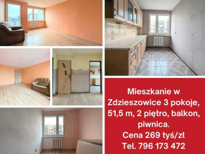 Mieszkanie 3 pokoje, 51,5m, 2 piętro, balkon, piwnica