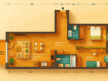 Brynów 3 pokoje odbiór marzec salon 32m