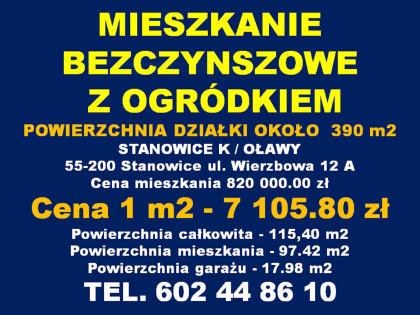 Sprzedam nowe mieszkanie 4 pokojowe z ogródkiem w dwulokalowym budynku mieszkalnym