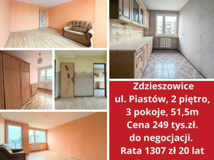 Mieszkanie 3 pokoje, 2 piętro, 51,5m, balkon, piwnica.