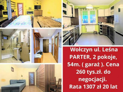 Mieszkanie na parterze 54m, 2 pokoje, piwnica, garaż.