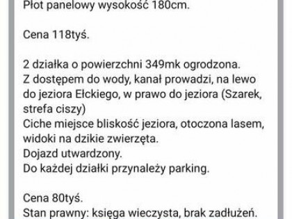 2 działki na sprzedaż rolno ogrodowe Ełk