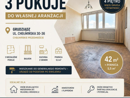 3-pokojowe mieszkanie z potencjałem w centrum Grudziądza