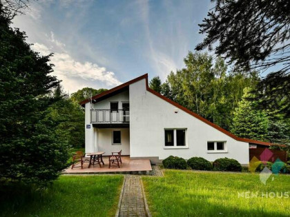 Bartołty Wielkie, dom przy ścianie lasu, jezioro