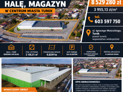 Sprzedam lub wynajmę halę, magazyn w centrum miasta Turek