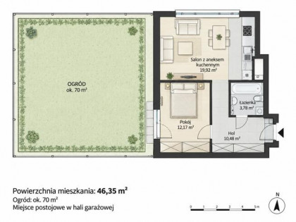 2 pokoje | 47m² | ogród ok. 70 m² | hala garażowa
