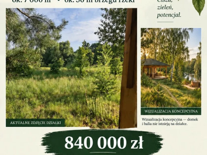Działka siedliskowa z  linią brzegową 50m Warszawa 1h drogi S7, las, południowa wystawa,  Pod dom, pensjonat, agroturystykę
