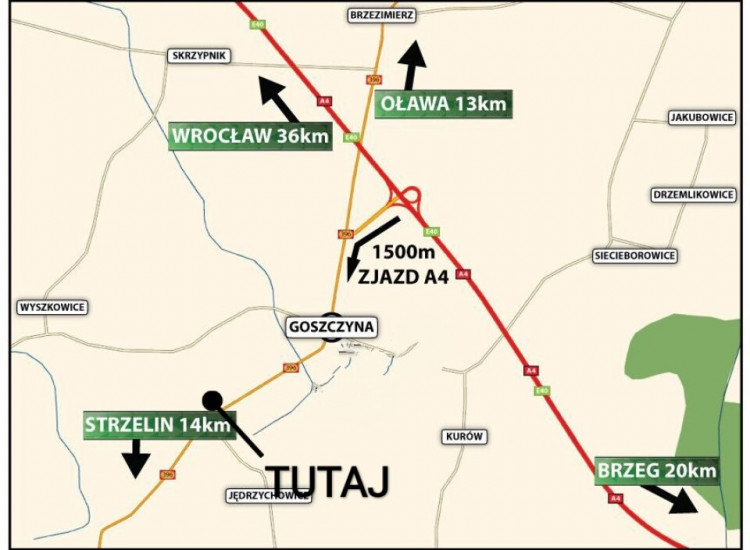 Działka Inwestycyjną na trasie Oława- Strzelin blisko ZJAZDU A4 Goszczyna