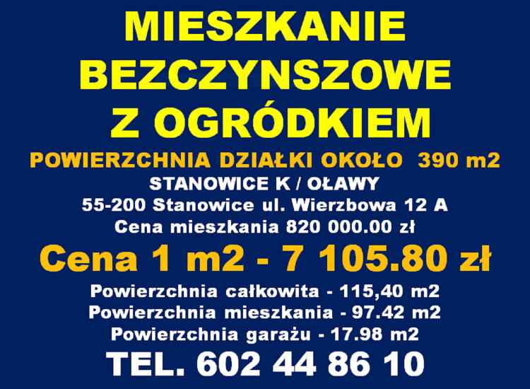 Sprzedam nowe mieszkanie 4 pokojowe z ogródkiem w dwulokalowym budynku mieszkalnym Oława