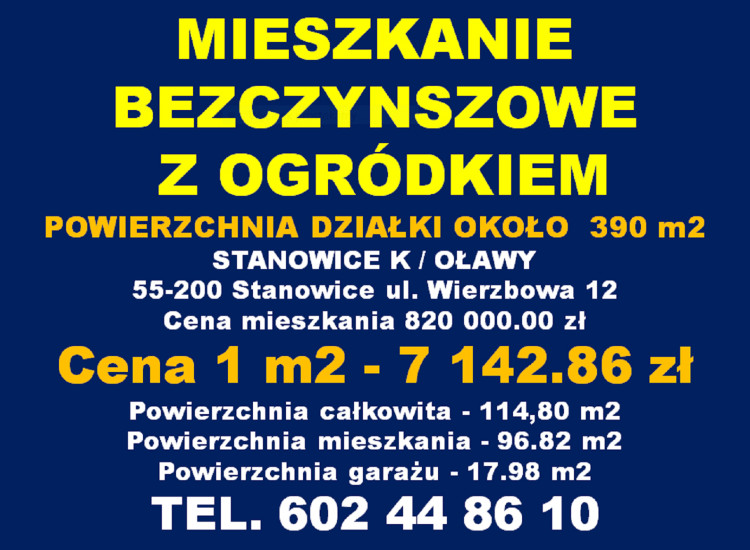 Sprzedam nowe mieszkanie 4 pokojowe z ogródkiem w dwulokalowym budynku mieszkalnym Oława