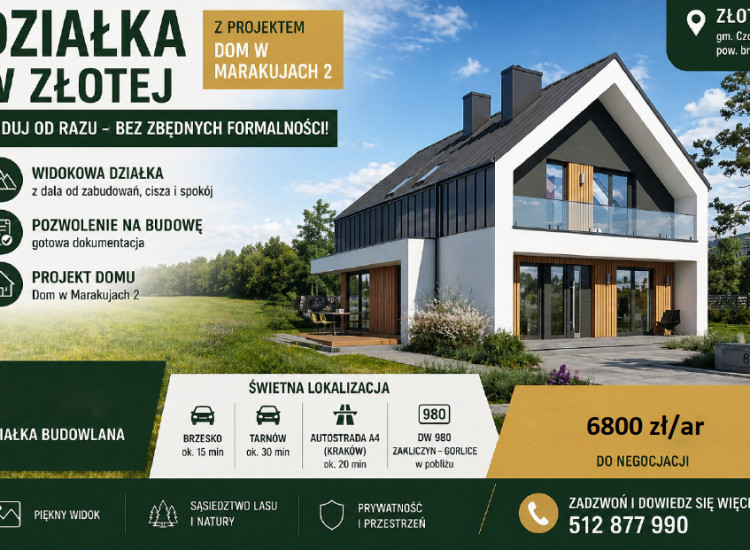 Widokowa działka 34,28 ar z pozwoleniem na budowę Złota