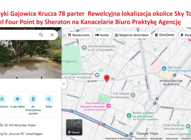 Gajowice Krucza Wrocław Krzyki 65 m2 biuro lokal 4 pokoje na sprzedaż Krucza 78 okolice Hotel Marriott four Point by Sheraton i Skay Towar Wrocław
