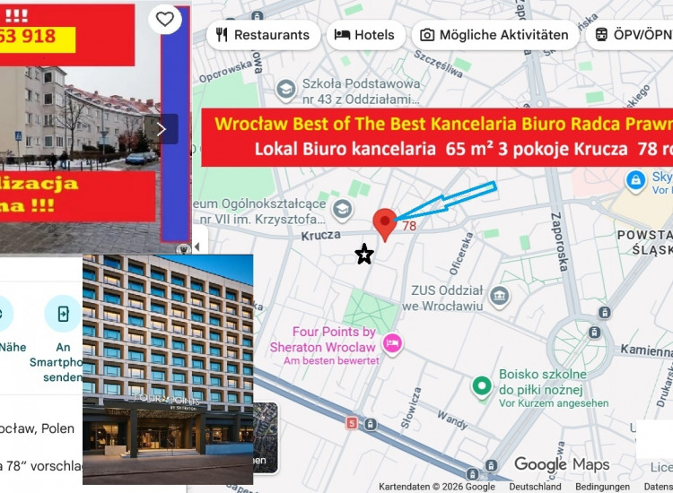Prestiżowy lokal biurowo-komercyjny o powierzchni 65 m² zlokalizowany przy ul. Kruczej 78 we Wrocławiu (Krzyki/Gajowice) jest aktualnie wystawiony na sprzedaż. Nieruchomość, w której dotychczas funkcjonowała Kancelaria Steinhardt Doradztwo Biznesowe Wrocław
