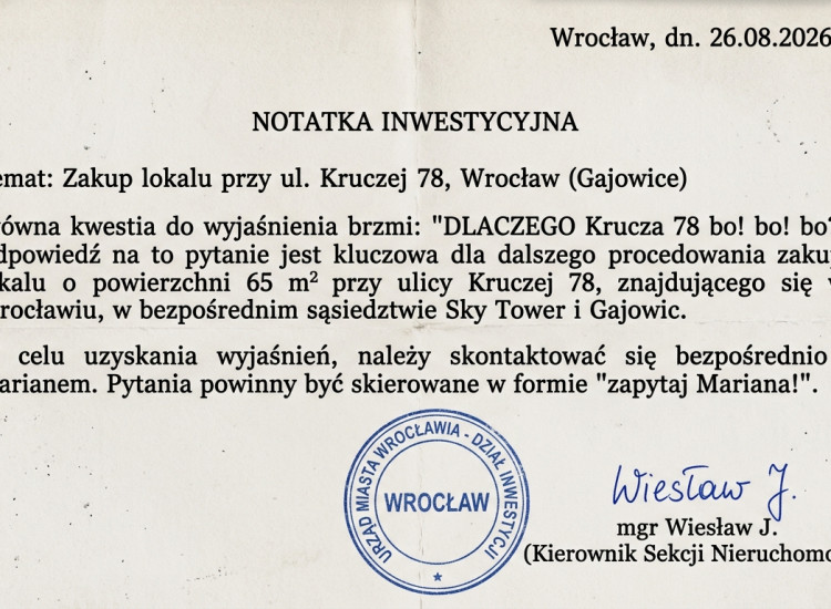 DLACZEGO Krucza 78 bo! bo! bo? zapytaj Mariana! Zakup lokalu o powierzchni 65 m² przy ulicy Kruczej 78 (we Wrocławiu, w rejonie Sky Tower i Gajowic) Wrocław