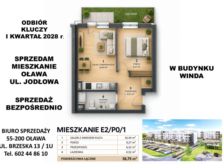 BEZPOŚREDNIO OD DEWELOPERA | Nowe 2-pokojowe mieszkanie z OGRÓDKIEM i WINDĄ – Oława, ul. Jodłowa Oława